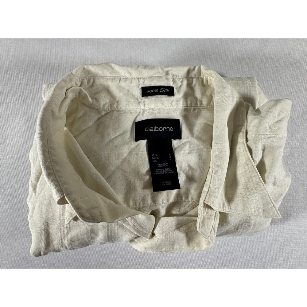 Claiborne Mens 100% Silk Short Sleeve Button Down Shirt Cream Off-White Large